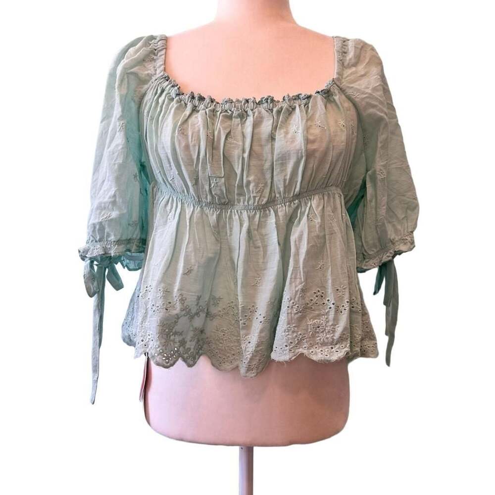 Cider Pale Green 100% Cotton Embroidered Square Neck Peasant Crop Top